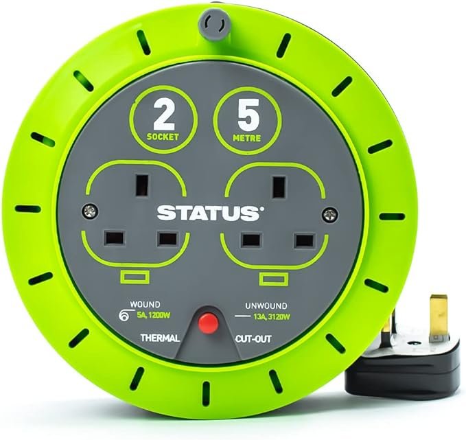 STATUS 2 Socket Cable Reel 5m Green Extension Lead 13A with Thermal Cut Out Heavy Duty Outdoor Extension Lead S5M13ACR3