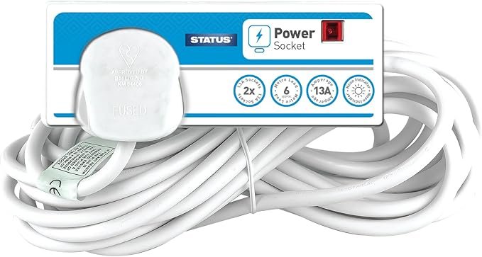STATUS White Extension Lead | 6m Extension Cable with 2 Sockets with Neon Indicator | S2W6MS8