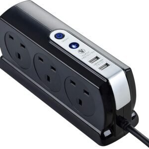 Masterplug Six Socket Switched Inline Power Surge Protected Extension Lead with Two USB Charging Ports, 2 Metres, Gloss Black