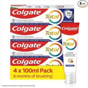 Colgate Total Whitening Toothpaste 4 x100ml | Stronger 24-Hour Bacterial Defence | Long-Lasting Active Protection