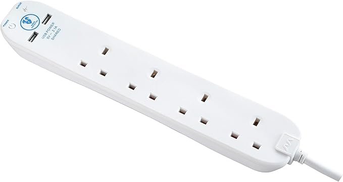 Masterplug srgu44n Four Socket Surge Protected Extension Lead with 2 USB Ports, 4 Metre, 13 x 7 x 6 cm, White