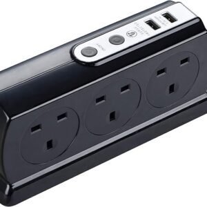 Masterplug Six Socket Switched Inline Power Surge Protected Extension Lead with Two USB Charging Ports, 2 Metres, Gloss Black