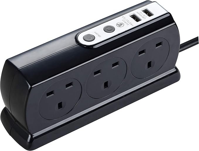 Masterplug Six Socket Switched Inline Power Surge Protected Extension Lead with Two USB Charging Ports, 2 Metres, Gloss Black