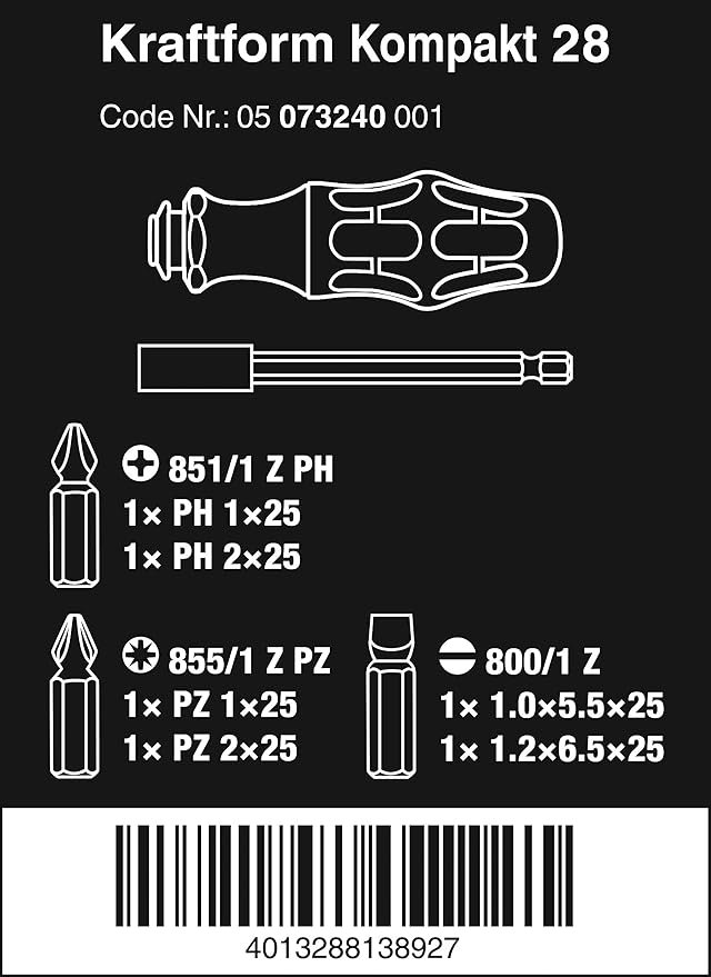 Wera 073240 Kraftform Kompakt 28 Screwdriver Bit Set,Multi-colour,0.25 inches