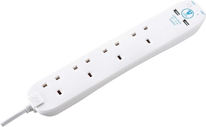 Masterplug srgu44n Four Socket Surge Protected Extension Lead with 2 USB Ports, 4 Metre, 13 x 7 x 6 cm, White