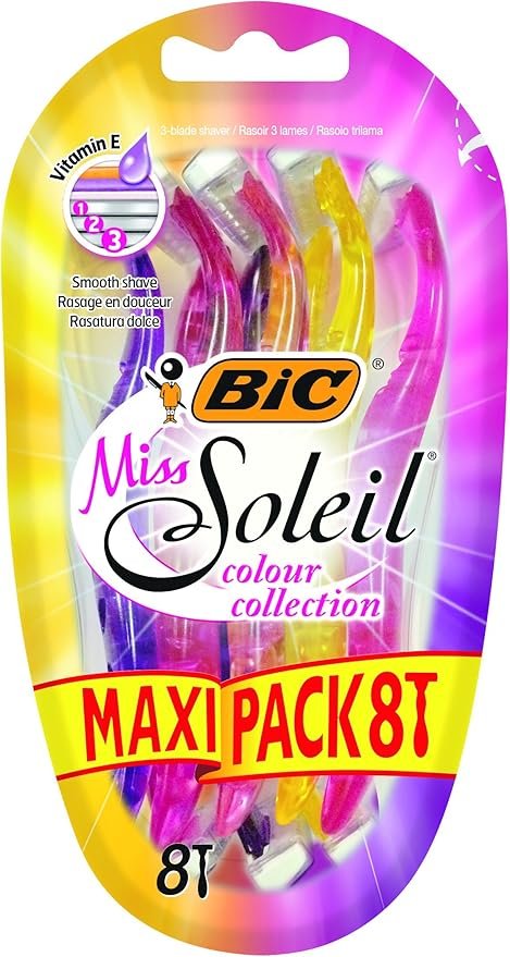 BIC Miss Soleil Colour Collection, Triple Blade Razor for Women, Great Grip and Control, With Flower Designed Handles, Pack of 8