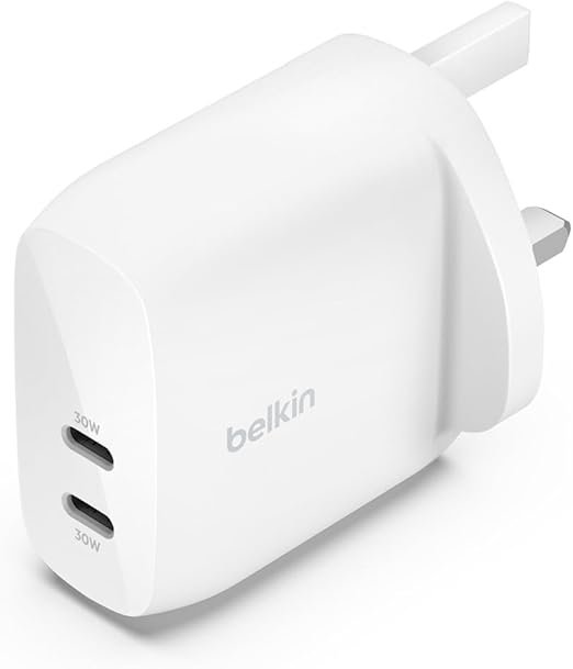 Belkin BoostCharge dual USB-C plug with PPS, 60W phone charger for iPhone 16 and other, iPad, Samsung Galaxy, Google Pixel, MacBook - compatible w/ USB-C to lightning cable & USB-C to USB-C - white