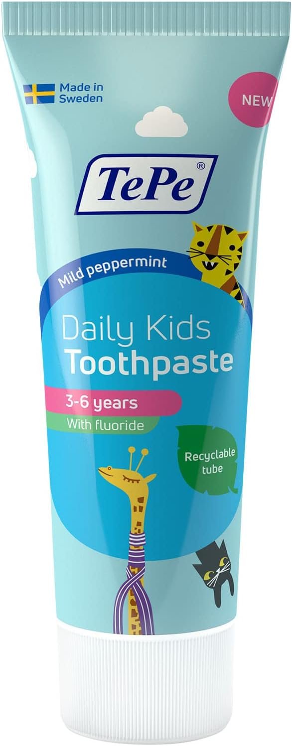 TePe Daily Kids Toothpaste, mild Peppermint, 3-6 Years, Everyday Fluoride Toothpaste for Kids to Prevent Cavities,