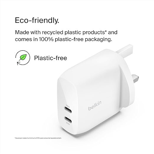 Belkin BoostCharge dual USB-C plug with PPS, 60W phone charger for iPhone 16 and other, iPad, Samsung Galaxy, Google Pixel, MacBook - compatible w/ USB-C to lightning cable & USB-C to USB-C - white