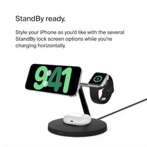 Belkin BoostCharge Pro 3-in-1 Wireless Charger with Qi2 for iPhone 16, 15, 14, 13 and 12 + Apple Watch + AirPods (Magnetically Charges iPhone 16, 15, 14, 13 and 12 Models up to 15W) - Black