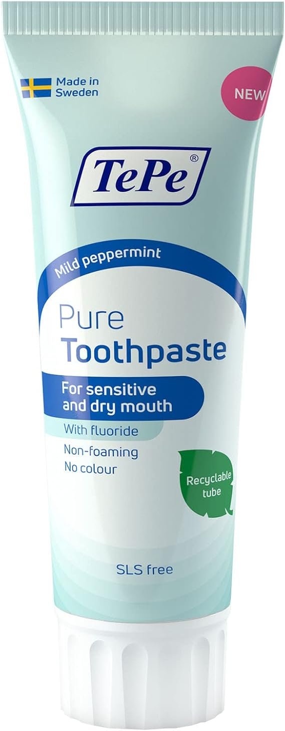 TePe Pure Toothpaste, mild Peppermint, Very Gentle Everyday Fluoride Toothpaste for Sensitive Gums and Dry Mouth,