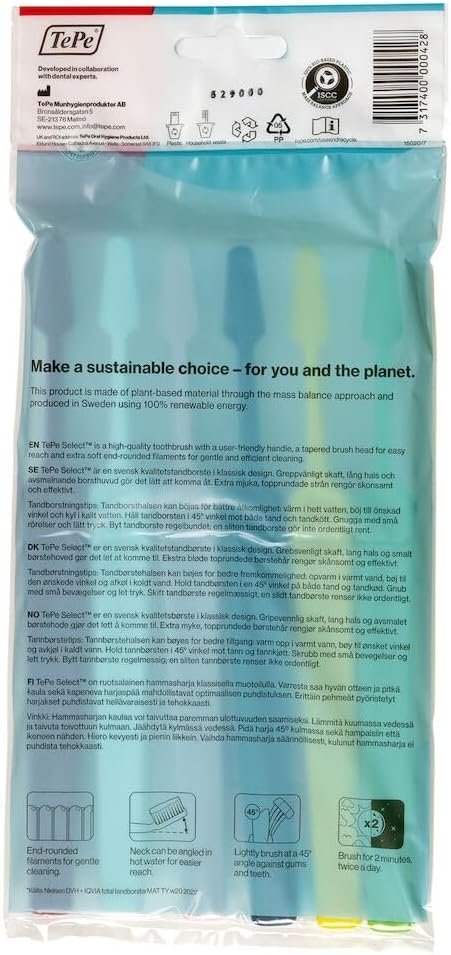 TePe Select Toothbrush, Extra Soft, Mixed Pack, 6pcs, Easy Plaque Removal with Tapered Brush Heads,