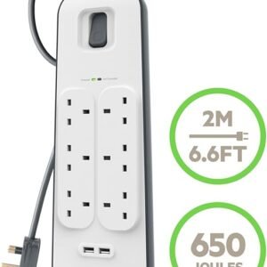 Belkin Extension Lead with USB Slots x 2 (2.4 A Shared), 6 Way/6 Plug Extension, 2m Surge Protected Power Strip - White