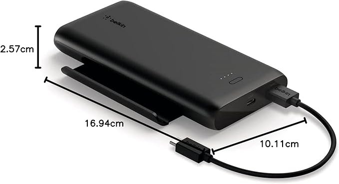 Belkin 10000mAh portable power bank, 10K USB-C portable charger with 1 USB-C port and 2 USB-A ports, battery pack for up to 15W charging for iPhone, Samsung Galaxy, AirPods, iPad, and more - Black
