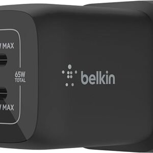 Belkin 65W Dual USB Type C Wall Charger, Fast Charging Power Delivery 3.0 with GaN Technology, USB Plug fast charger for iPhone 16, 15, 14, iPad, MacBook, Samsung Galaxy S24, Pixel and more - Black