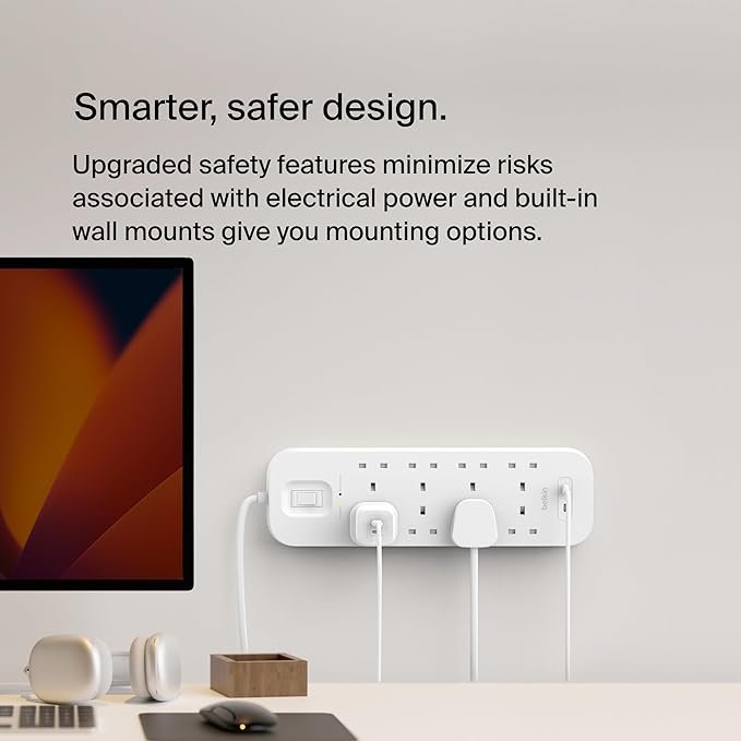 Belkin 8-Outlet Surge Protector Power Strip, Wall-Mountable with 8 AC Outlets, 2M Power Cord, & Green Indicator Light - 2 USB-C Ports w/USB-C PD Fast Charging - 900 Joules of Protection