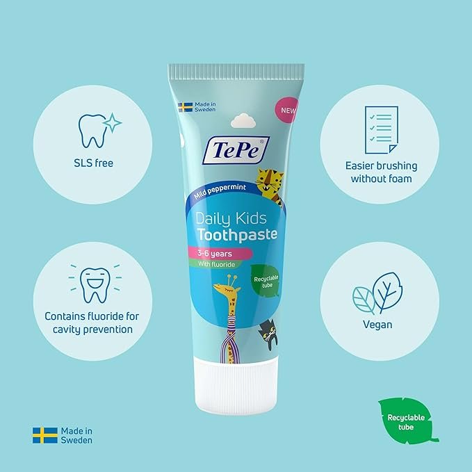 TePe Daily Kids Toothpaste, mild Peppermint, 3-6 Years, Everyday Fluoride Toothpaste for Kids to Prevent Cavities,