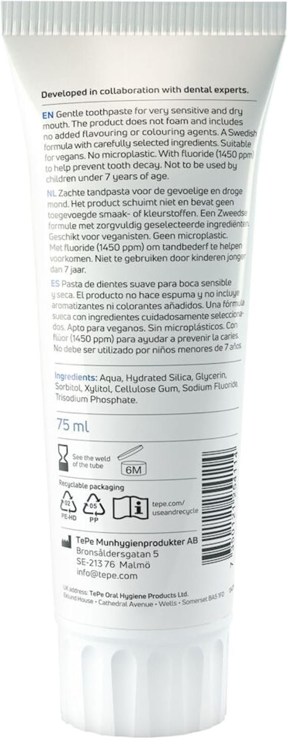 TePe Pure Toothpaste, unflavoured, Very Gentle Everyday Fluoride Toothpaste for Very Sensitive Gums and Dry Mouth