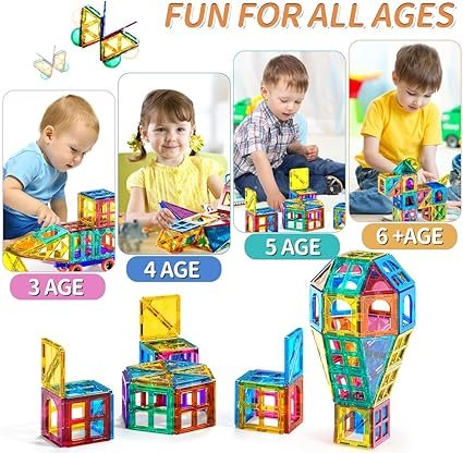 TEMI Magnetic Tiles,Building Blocks, Magnets Building Set, STEM & Learning & Education Toys Christmas Toy Gift for Ages 3 4 5 6 7 8+ Year Old Toddler Kids Boys and Girls (Magnetic Tiles-80pcs)