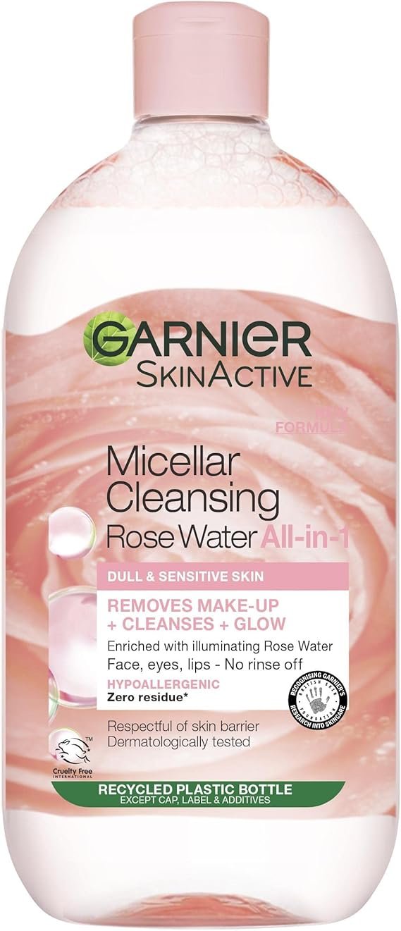 Garnier Micellar Rose Cleansing Water For Dull Skin, Glow Boosting Cleanser and Makeup Remover