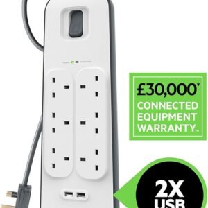 Belkin Extension Lead with USB Slots x 2 (2.4 A Shared), 6 Way/6 Plug Extension, 2m Surge Protected Power Strip - White
