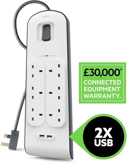 Belkin Extension Lead with USB Slots x 2 (2.4 A Shared), 6 Way/6 Plug Extension, 2m Surge Protected Power Strip - White