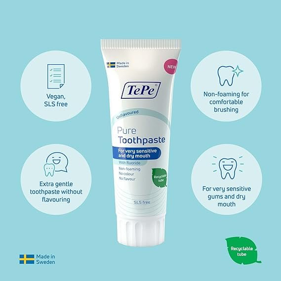 TePe Pure Toothpaste, unflavoured, Very Gentle Everyday Fluoride Toothpaste for Very Sensitive Gums and Dry Mouth