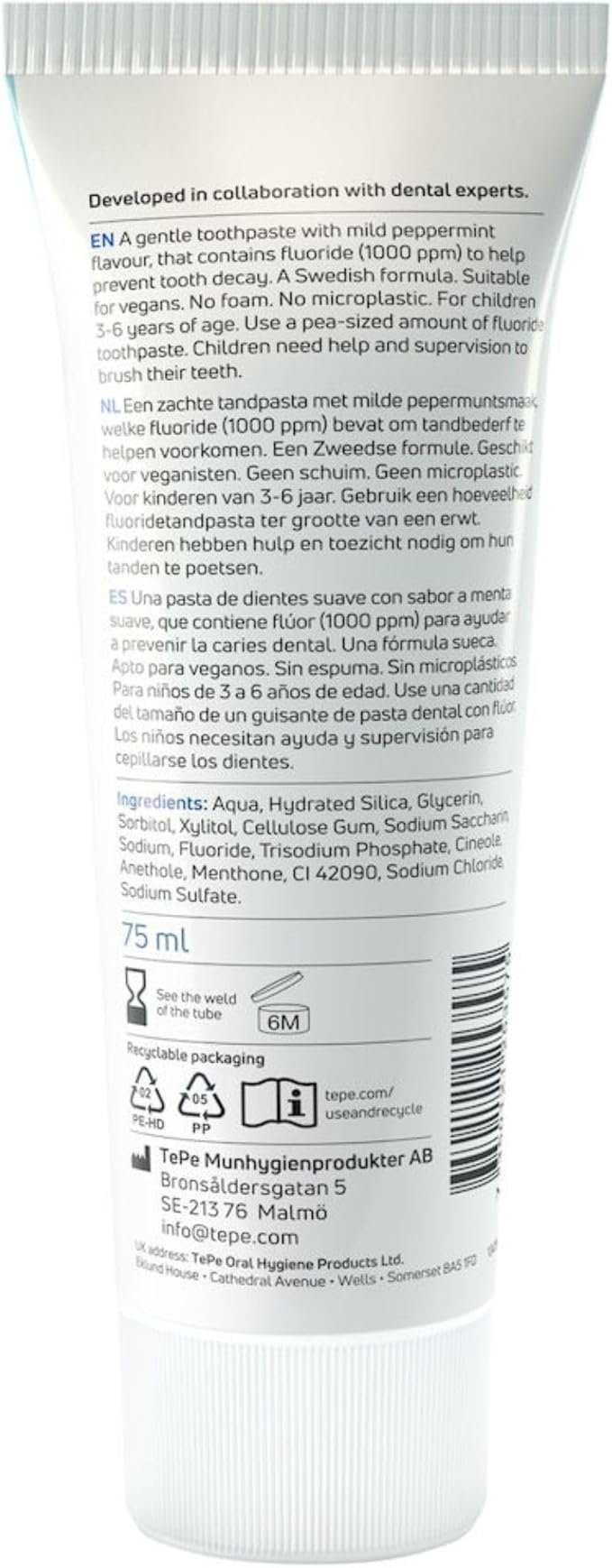 TePe Daily Kids Toothpaste, mild Peppermint, 3-6 Years, Everyday Fluoride Toothpaste for Kids to Prevent Cavities,