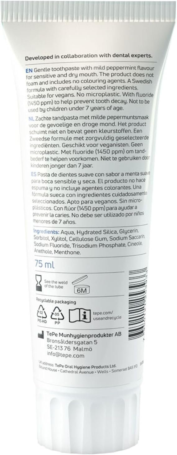 TePe Pure Toothpaste, mild Peppermint, Very Gentle Everyday Fluoride Toothpaste for Sensitive Gums and Dry Mouth,
