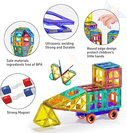 TEMI Magnetic Tiles,Building Blocks, Magnets Building Set, STEM & Learning & Education Toys Christmas Toy Gift for Ages 3 4 5 6 7 8+ Year Old Toddler Kids Boys and Girls (Magnetic Tiles-80pcs)