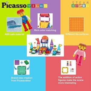 PicassoTiles 333pcs Magnetic Brick Tile and Magnetic Tile Combo Set, Action Figures included, Building Blocks STEM Toys