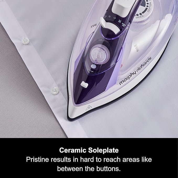 Morphy Richards Crystal Clear Steam Iron, Ceramic Non-stick Soleplate, 115g Steam Boost, 40g Steam Output, Anti Drip, Anti Scale, 350ml Water Tank, Self-Clean, 2.5m Cord, 2400W, Purple, 300301