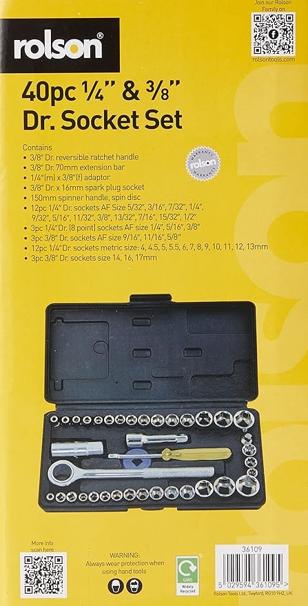 Rolson 36109 40 pc 1/4" & 3/8" Dr. Socket Set