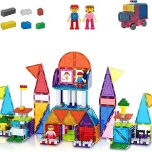 PicassoTiles 333pcs Magnetic Brick Tile and Magnetic Tile Combo Set, Action Figures included, Building Blocks STEM Toys