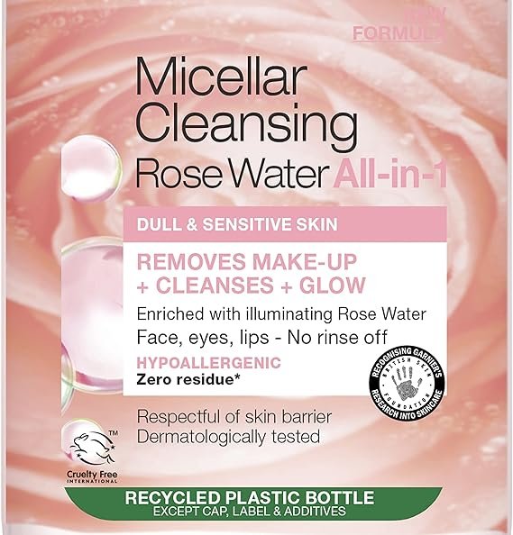 Garnier Micellar Rose Cleansing Water For Dull Skin, Glow Boosting Cleanser and Makeup Remover