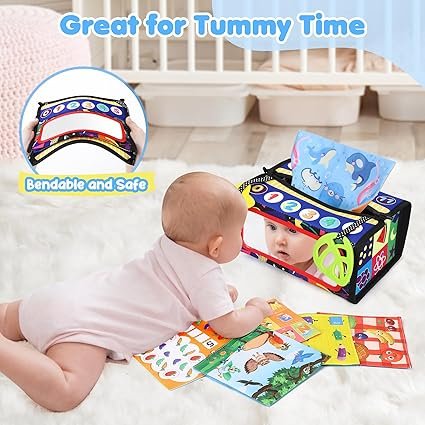 URMYWO Tissue Box Sensory Montessori Toy with Mirror, 6 in 1 Baby Toy 0-6-12 Months