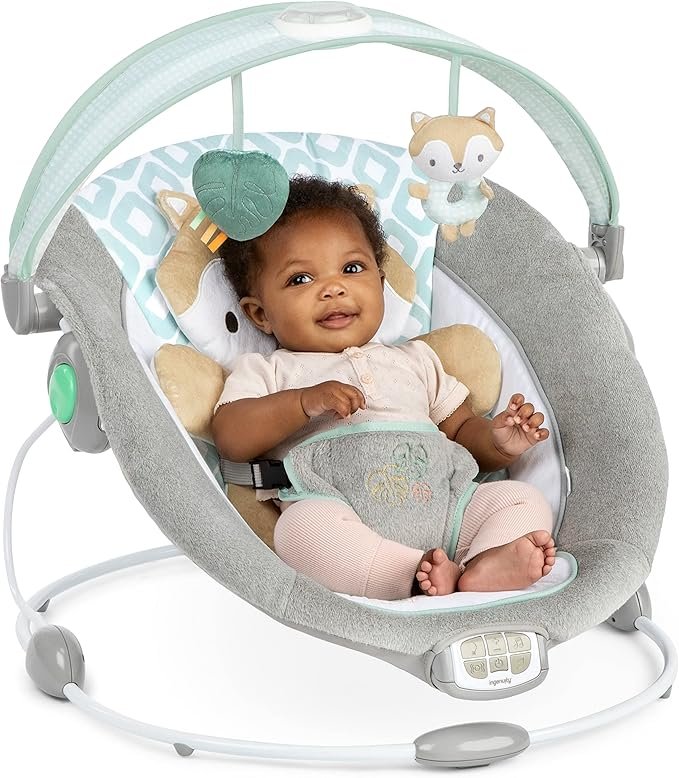 Ingenuity InLighten Baby Bouncer Seat with Light Up-Toy Bar and Bunny Tummy Time Pillow Mat - Kitt, Newborn and up