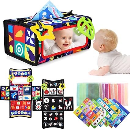 URMYWO Tissue Box Sensory Montessori Toy with Mirror, 6 in 1 Baby Toy 0-6-12 Months