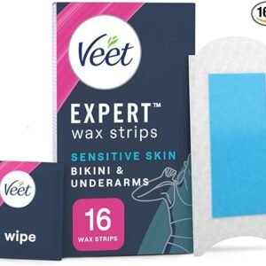 Veet Expert Cold Wax Strips, 16 Strips + 3 Finish Wipes, Brazilian Wax, Bikini Wax Strips, Bikini Hair Removal Underarm, Senisitive Wax Strips, Almond Oil, Waxing, Hair Removal