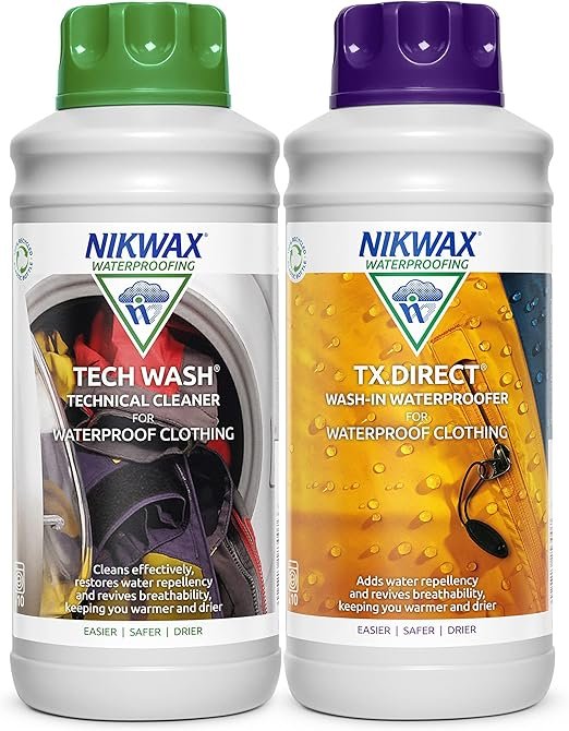 Nikwax TECH WASH and TX DIRECT Twin Pack, Technical Cleaner and Wash-In Waterproofer for Waterproof Clothing, Cleans, Waterproofs, Revitalises Breathability, 2x 1L