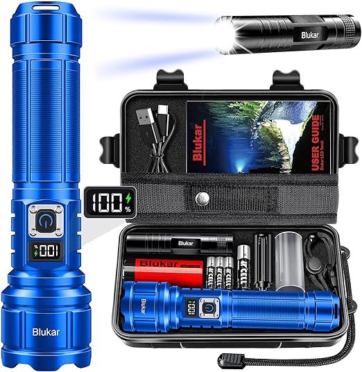 Blukar Torch Rechargeable, Torches LED Super Bright Flashlight, Adjustable Focus, 5 Modes, 5000 mAh Long Lasting