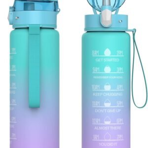 HOMEEX 1L (32oz) Motivational Water Bottle, BPA-free Sports Water Bottle with Time Marker - Quotes - One-Click Technology Ideal for Jogging, Hiking, Office, School, Adults, Children (Blue & Purple)