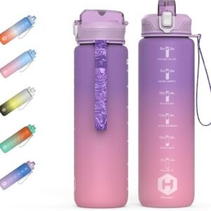 HOMEEX 1L (32oz) Motivational Water Bottle, BPA-free Sports Water Bottle with Time Marker - Quotes - One-Click Technology Ideal for Jogging, Hiking, Office, School, Adults, Children (Purple & Pink)