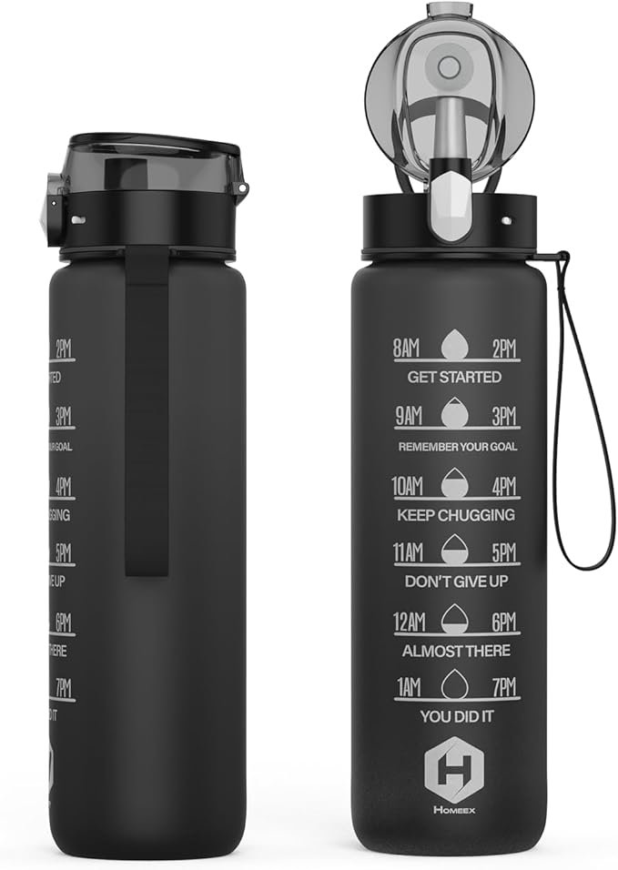 HOMEEX 1L (32oz) Motivational Water Bottle, BPA-free Sports Water Bottle with Time Marker - Quotes - One-Click Technology Ideal for Jogging, Hiking, Office, School, Adults, Children (Black)