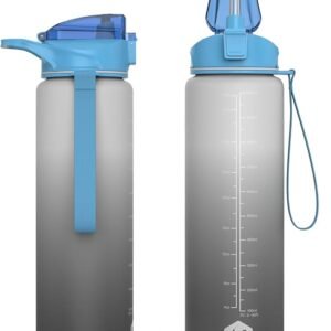 HOMEEX 1L (32oz) Motivational Water Bottle, BPA-free Sports Water Bottle with Time Marker - Quotes - One-Click Technology Ideal for Jogging, Hiking, Office, School, Children (White & Deep Grey)