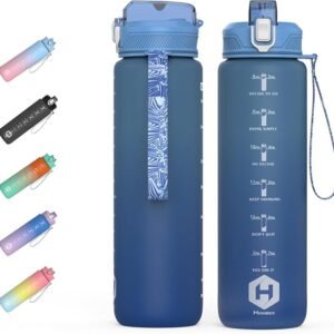 HOMEEX 1L (32oz) Motivational Water Bottle, BPA-free Sports Water Bottle with Time Marker - Quotes - One-Click Technology Ideal for Jogging, Hiking, Office, School, Adults, Children (Blue)