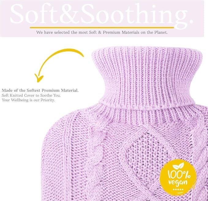 Hot Water Bottle with Cover - Premium Soft Knitted Cover - 1.8l Large Capacity - Hot Water Bag for Pain Relief, Neck and Shoulders, Back & Cosy Nights - Great Gift for Women (Purple)