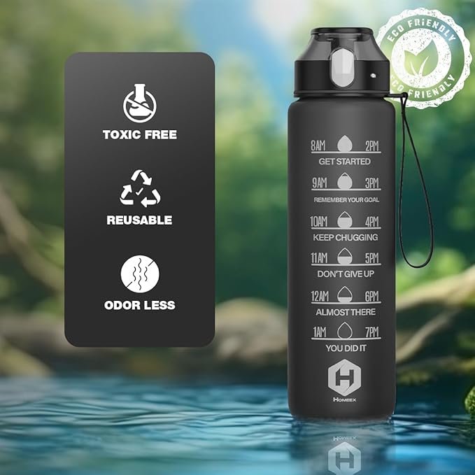 HOMEEX 1L (32oz) Motivational Water Bottle, BPA-free Sports Water Bottle with Time Marker - Quotes - One-Click Technology Ideal for Jogging, Hiking, Office, School, Adults, Children (Black)