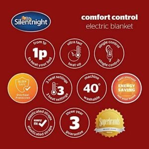 Silentnight Comfort Control Electric Blanket Double - Heated Electric Underblanket with 3 Heat Settings, Fast Heat Up, Overheat Protection and Easy Fit Straps - Machine Washable - Double 135x120cm