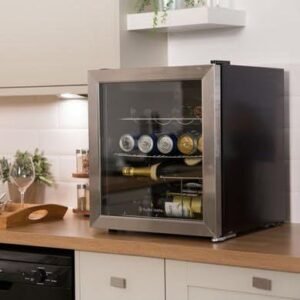 Russell Hobbs Mini Fridge 12 Bottle/46L Freestanding Stainless Steel Table Top Mini Beer & Wine Fridge, LED Light with Glass Door RHGWC3SS
